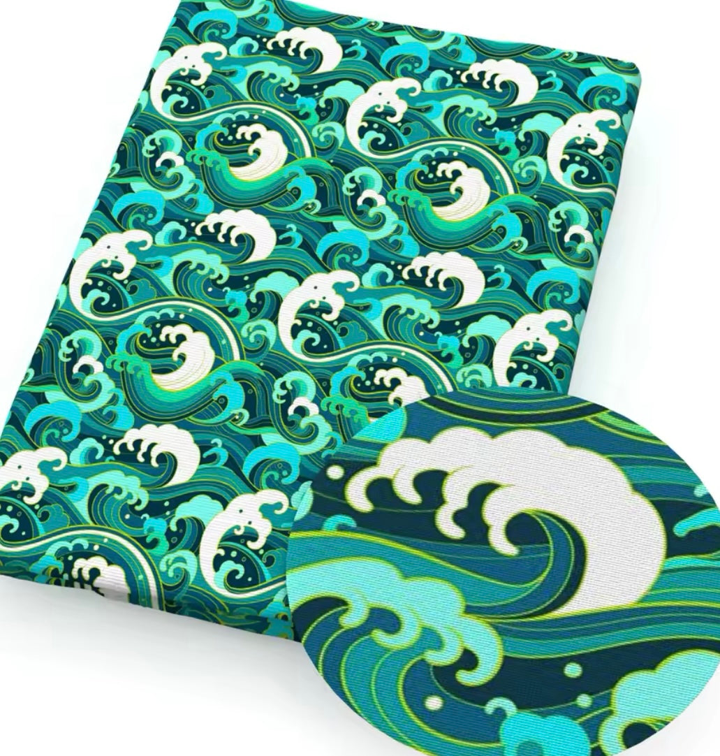 Sea ocean waves polyCotton Fabric Half Yard (18” x 55”)