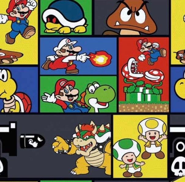 Super Mario Bowser Yoshi  game Polycotton Fabric - Half Yard (18” x 55”) 34452