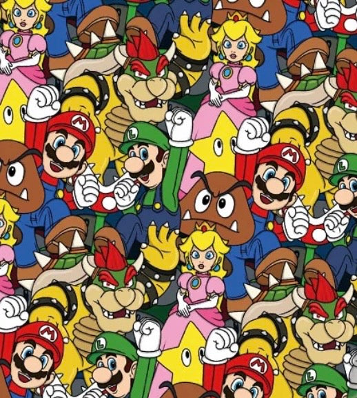 Super Mario Luigi Yoshi Bowser Princess Peach game Polycotton Fabric - Half Yard (18” x 55”) 40332