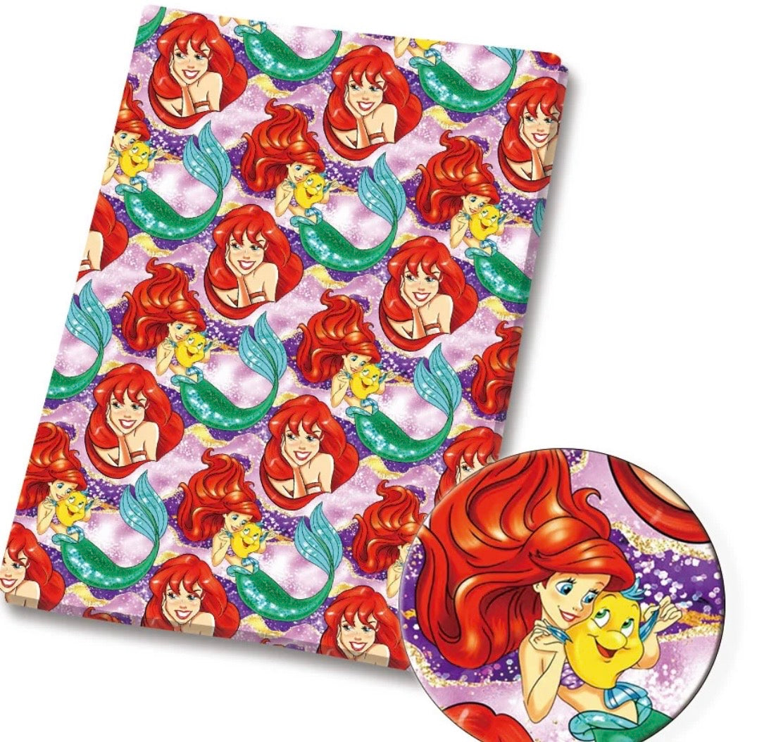 Disney Little Mermaid Princess Ariel Flounder Polycotton Fabric - Half Yard (18” x 55”) 37473
