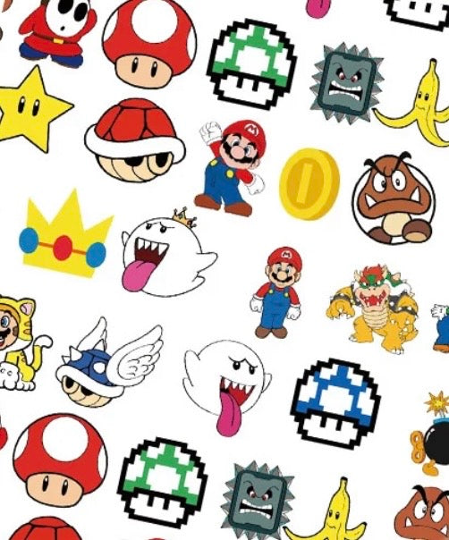 Super Mario Yoshi Toad Bowser Princess Peach Luigi game Polycotton Fabric - Half Yard (18” x 55”) 34228