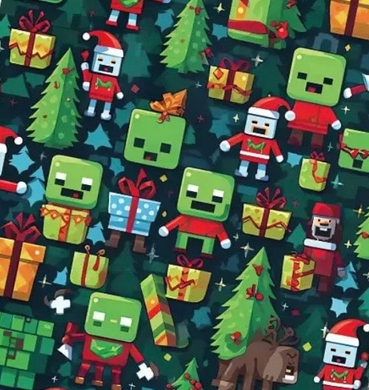 Minecraft Pixel Blocks game Creeper TNT Character Christmas Polycotton Fabric - Half Yard (18” x 55”) 39236