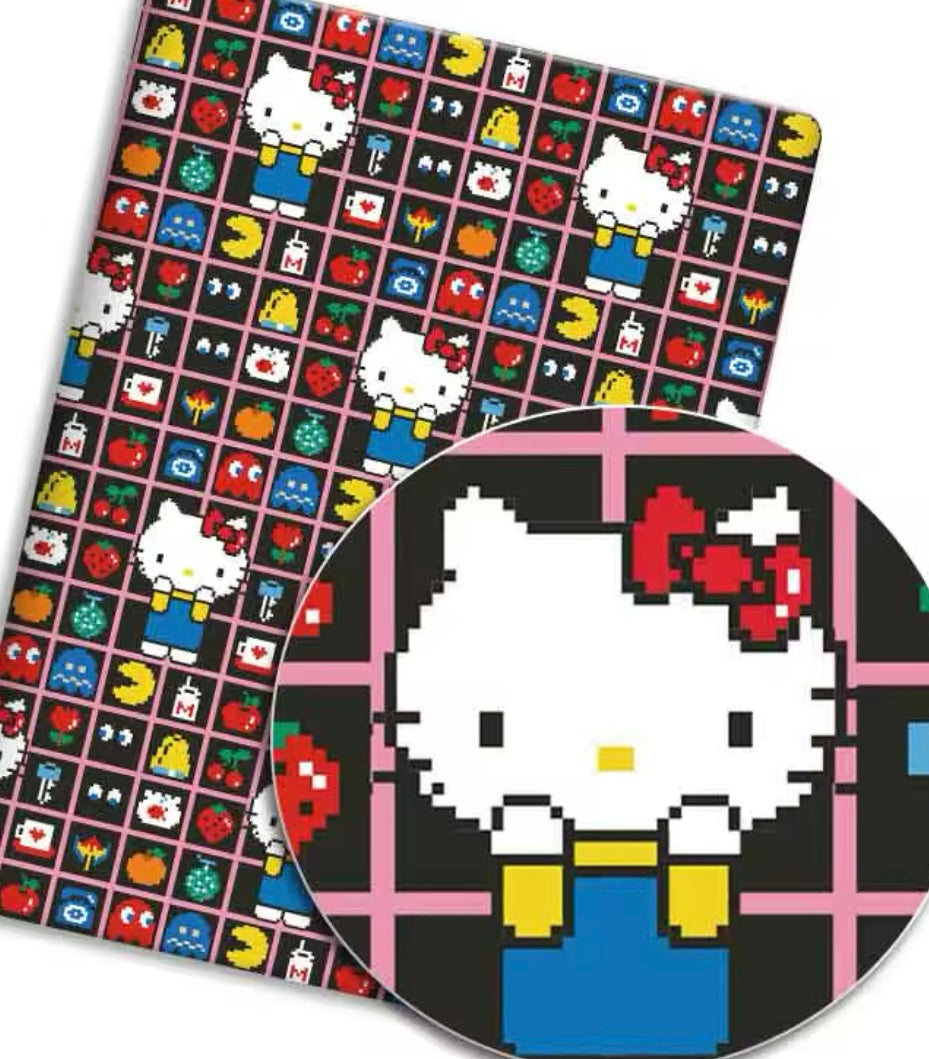 Pacman pixelated Hello Kitty polyCotton Fabric Half Yard (18” x 50”)