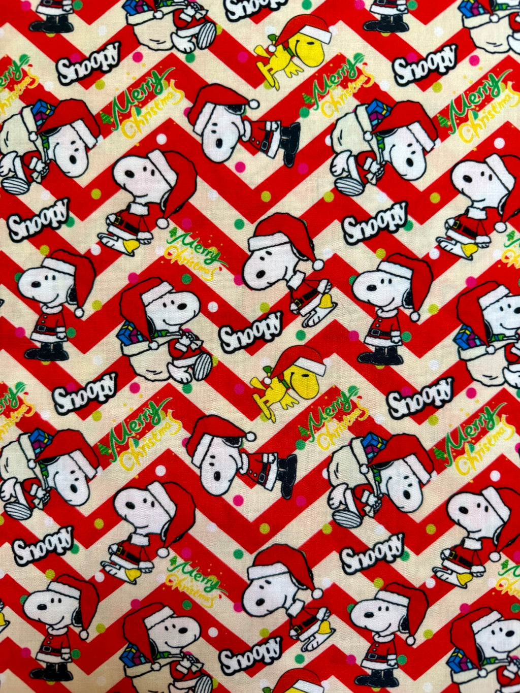 Snoopy Peanuts Woodstock 1980s character dog Christmas Polycotton Fabric - Half Yard (18” x 55”)
