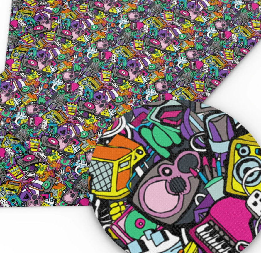 Bright retro music players polyCotton Fabric Half Yard (18” x 55”)